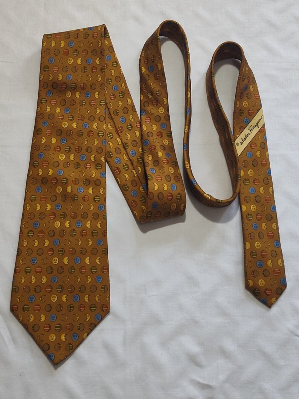 Salvatore Ferragamo 100% Silk NeckTie Orbit Sun & Moon Made in Italy Gold-Brown+
